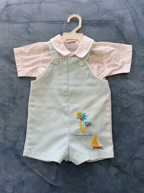 Classic Palm & Sail Toddler Shortall Set - White & Light Blue